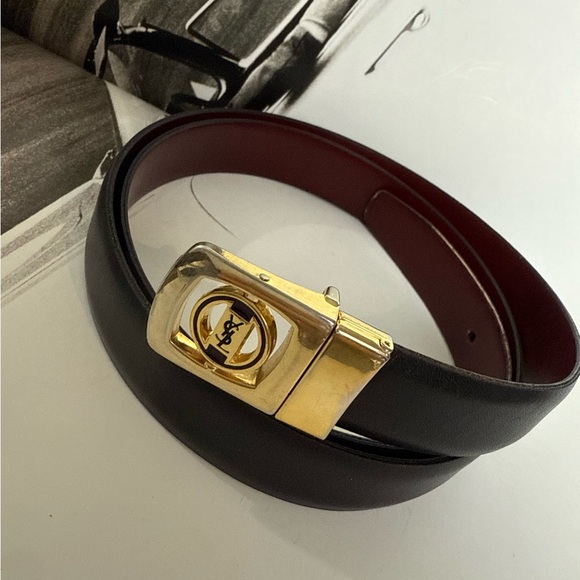 Vintage YSL Yves Saint Laurent Reversible Leather Belt 36/90 Gold Logo Buckle - Picture 14 of 16